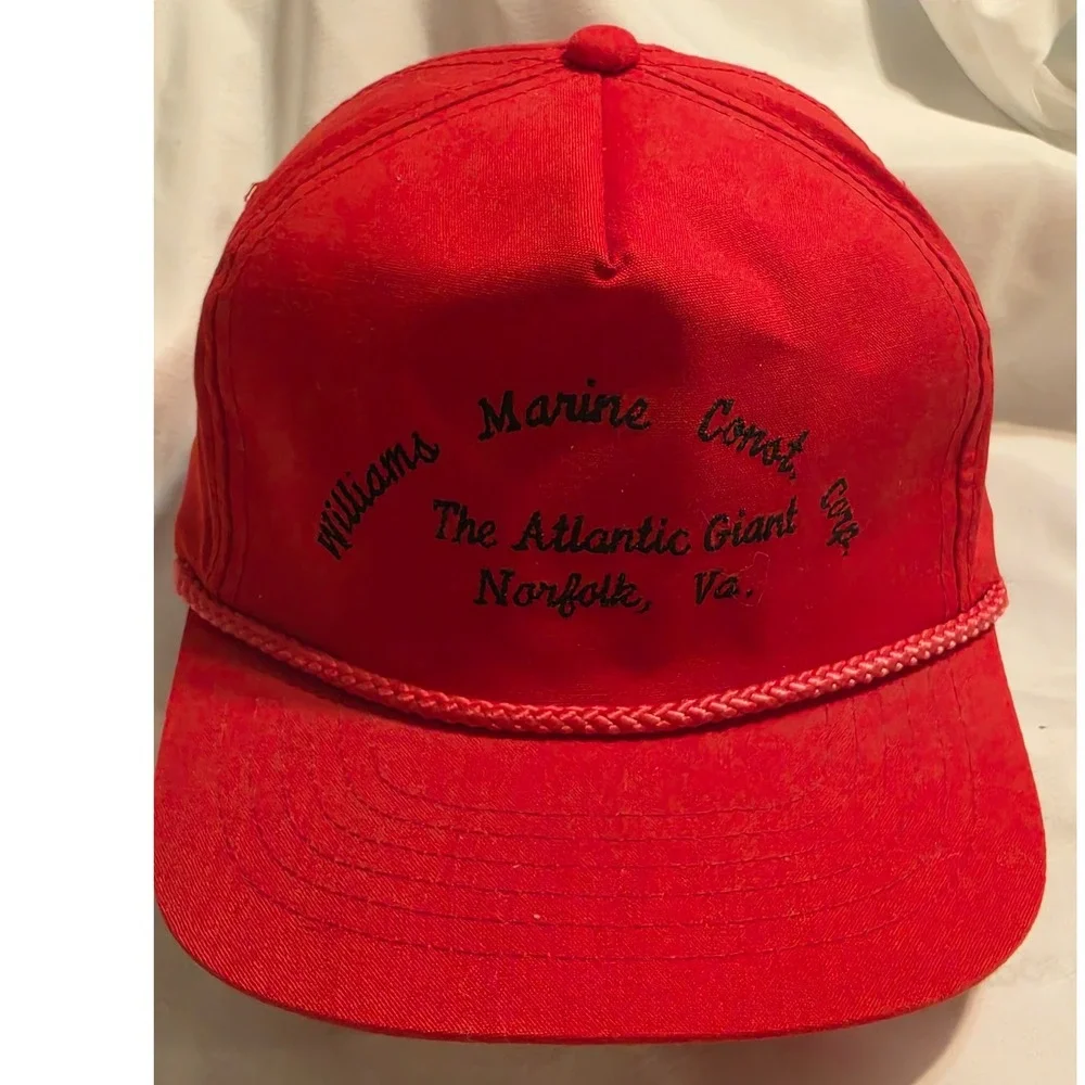 Vintage AJD Headwear Red Snapback Hat Williams Marine Norfolk VA‎ Rope Cap Mens
